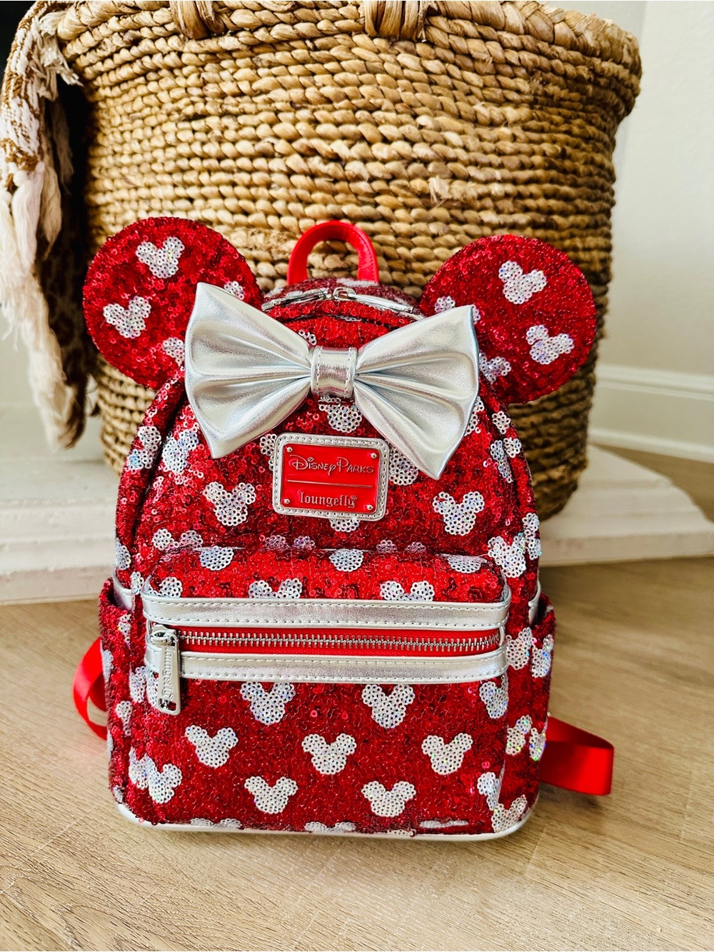 Disney Loungefly Minnie Mouse Red Sequin Silver Mickey Backpack